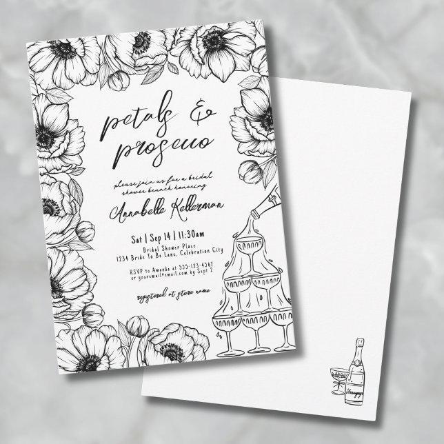 Convites Petais e Prosecco - Chá de panela Quimoral (Petals & Prosecco Whimsical Floral Bridal Shower Invitation)