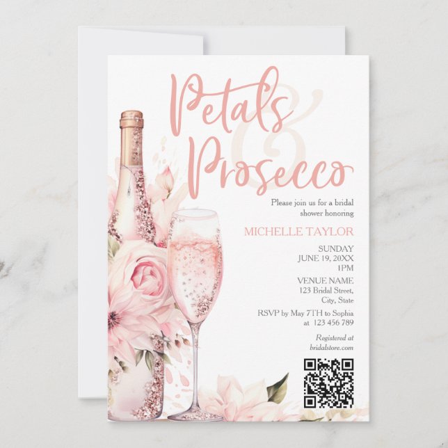 Convites Petais Elegantes e Prosecco Boho Blush Código QR R (Frente)