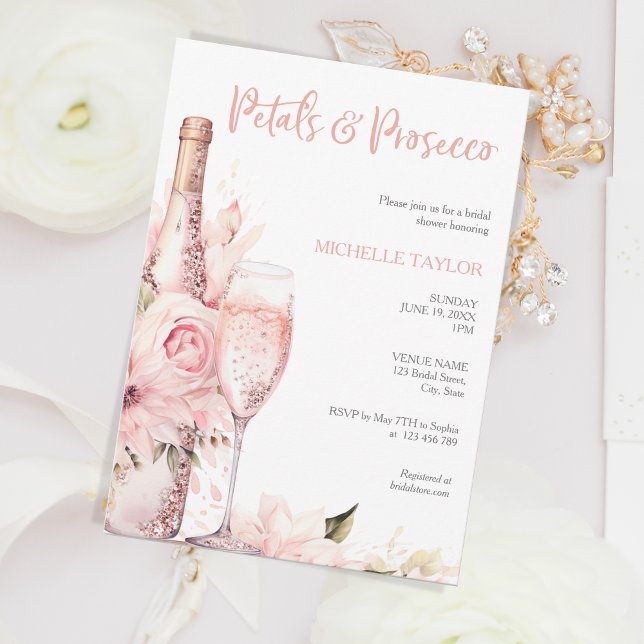 Convites Petais Elegantes e Prosecco Boho Blush Pink Verão (Criador carregado)