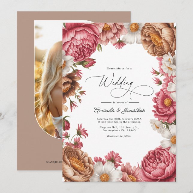 Convites Petal Pink, Mocha Latte & Ivory Pearl Wedding (Frente/Verso)