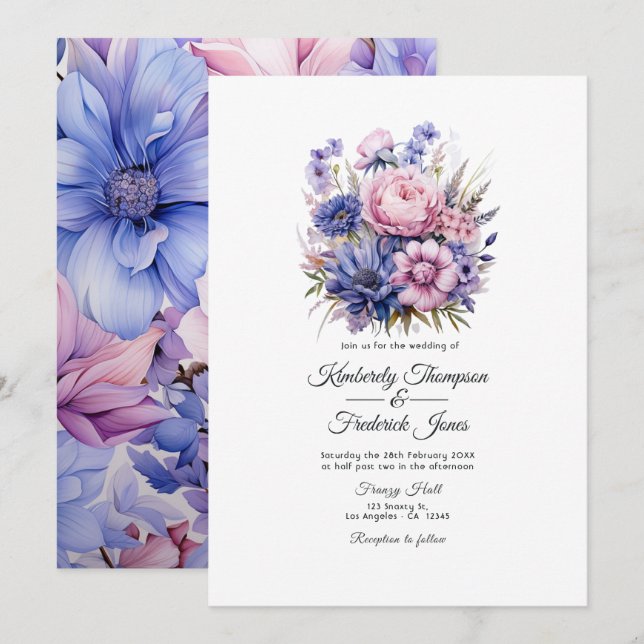 Convites Petal Rosa, Cornflower Blue & Mauve Purple Weding (Frente/Verso)