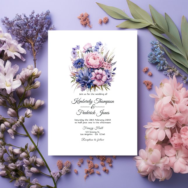 Convites Petal Rosa, Cornflower Blue & Mauve Purple Weding (Petal Pink, Cornflower Blue and Mauve Purple floral wedding)