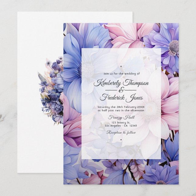 Convites Petal Rosa, Cornflower Blue & Mauve Purple Weding (Frente/Verso)