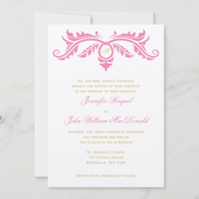 Convites Petal rosa e rolagem Dourada em papel de feltro de (Frente)