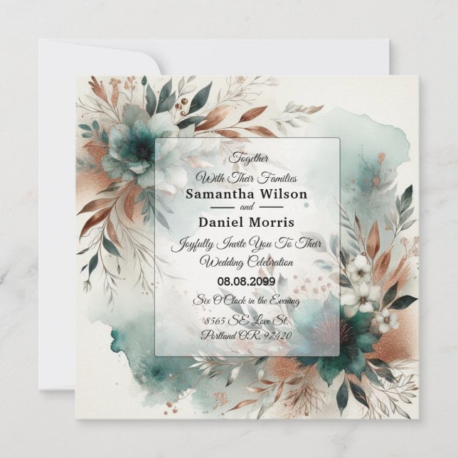 Convites Pétalas Azul-turquesa em Flor de Bronze Casamento (Frente)