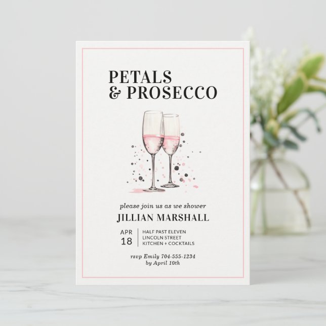 Convites Pétalas cor-de-rosa e Chá de panela Prosecco (Em pé/Frente)