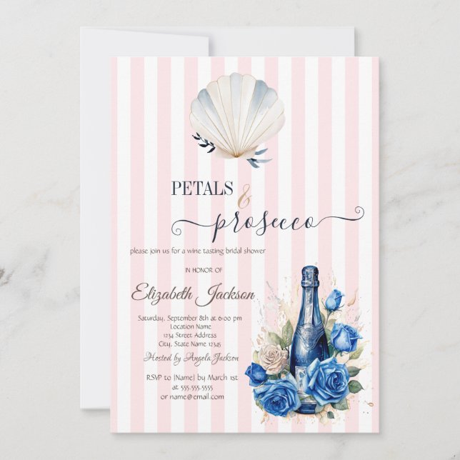 Convites Pétalas de Conchas & Prosecco Listras Rosa (Frente)