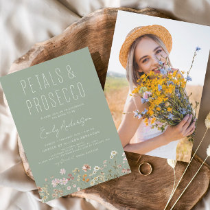 Convites Pétalas de Flor Selvagem Verde e Foto Prosecco