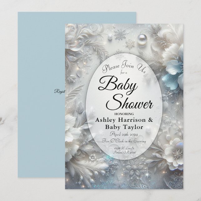 Convites Pétalas de neve em Chá de fraldas congelado de san (Frente/Verso)
