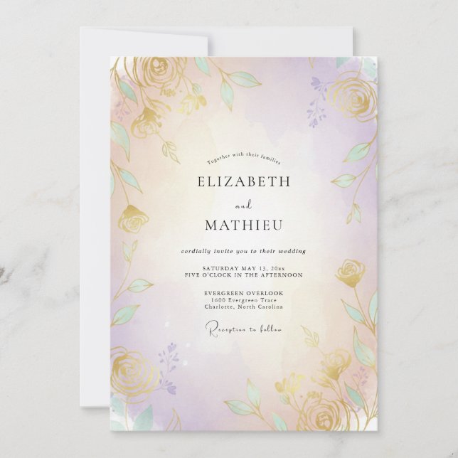 Convites Pétalas de Ouro Iridescente Casamento (Frente)