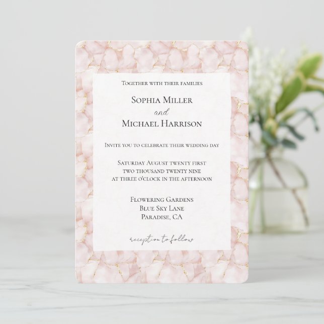 Convites Pétalas de Rosa Rosa Bege Dourado Floral Casamento (Em pé/Frente)