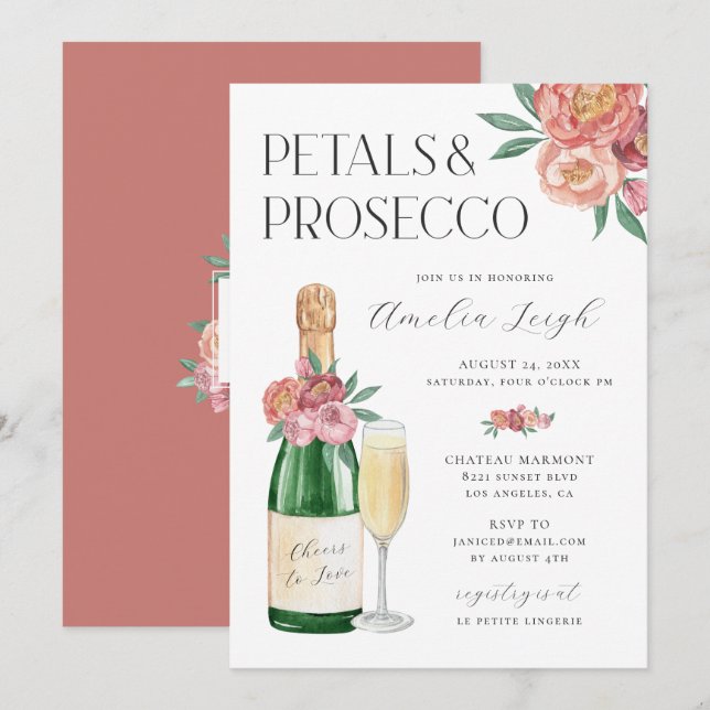 Convites Pétalas e Prosecco Bege Rosa Floral (Frente/Verso)