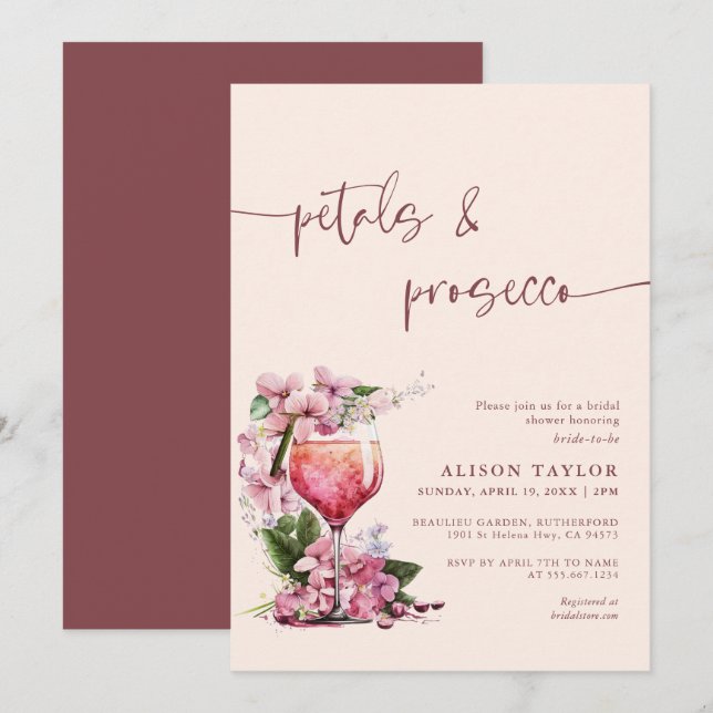 Convites Pétalas e Prosecco Chá de Noiva Boho Mauve (Frente/Verso)