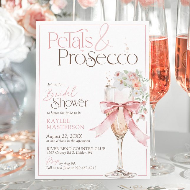 Convites Pétalas e Prosecco Rosa Floral Chá de Bebê de Noiv (Petals and Prosecco Watercolor floral champagne pink coquette bow elegant bridal shower invitation)