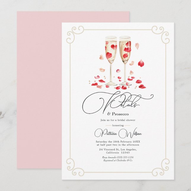 Convites Pétalas Elegantes e Chás de Bebê com Prosecco (Frente/Verso)