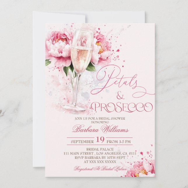Convites Pétalas Florais Rosa & Brunch de Chá de Noiva com  (Frente)
