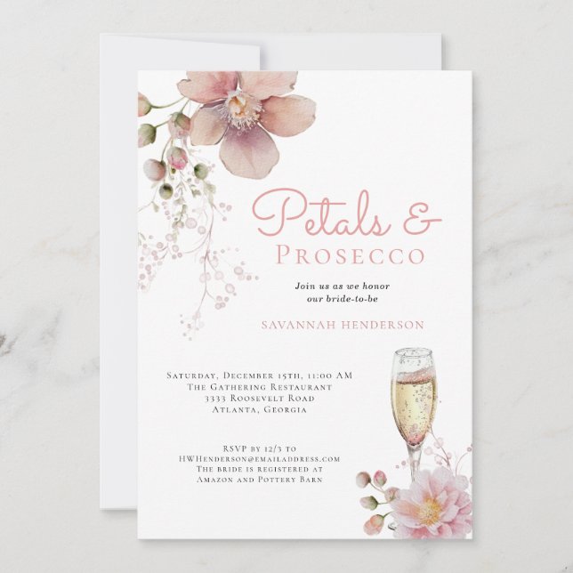 Convites Pétalas Florais Rosa e Bridal Shower de Prosecco (Frente)