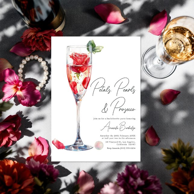 Convites Pétalas, Pérolas e Festa de solteira Prosecco (Petals, Pearls and Prosecco Bachelorette Party Invitation)