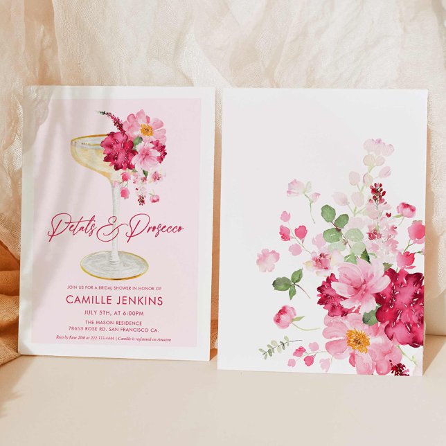 Convites Pétalas Rosa e Prosecco Garden Bridal (Pink Petals and Prosecco Bridal Shower Invitation)