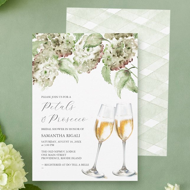 Convites Petals and Prosecco Bridal Shower Invite Hydrangea (Petals and prosecco bridal shower invitations designed with hand painted watercolor hydrangea art )