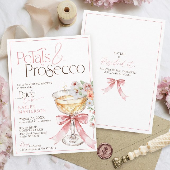Convites Petals and Prosecco Floral Champagne Bridal Shower (Petals and Prosecco pink watercolor coquette elegant floral champagne coupe bridal shower invitation)