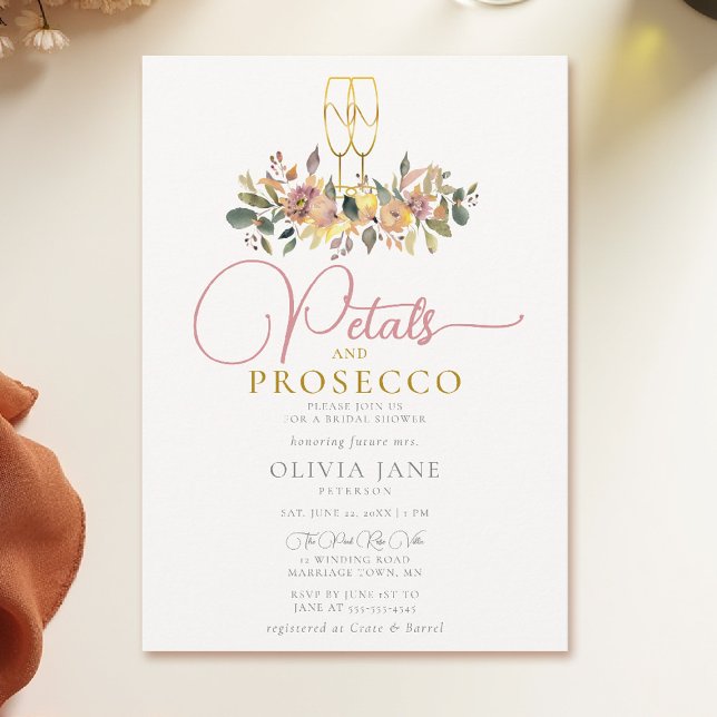 Convites Petals Colheita de Prosecco Flores Caindo Chá de p (fall bridal shower invitation petals and prosecco floral watercolor elegant calligraphy)