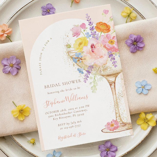 Convites Petals & Prosecco Arch Bridal Shower Invitation (Criador carregado)