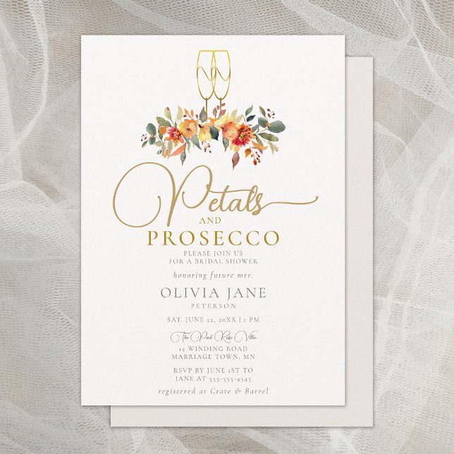 Convites Petals Prosecco Autumn Dourado Fall Chá de panela (petals prosecco fall bridal shower invitation autumn gold leaves foliage floral elegant rustic boho)