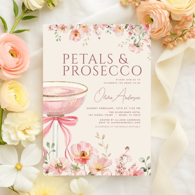 Convites Petals & Prosecco Blush Pink Bow Bridal Shower  (Criador carregado)