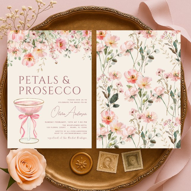 Convites Petals & Prosecco Blush Pink Bridal Shower  (Criador carregado)