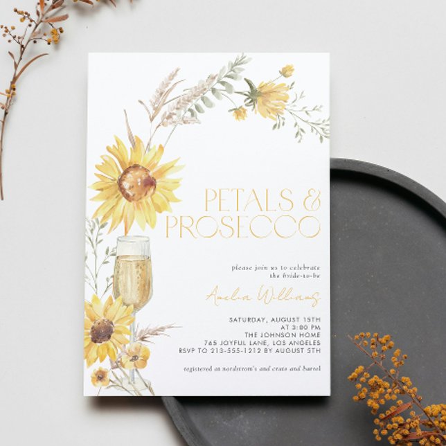 Convites Petals & Prosecco Boho Chá de panela de girassol (Easily personalize this sunflower Petals & Prosecco invite for the perfect fall bridal shower)