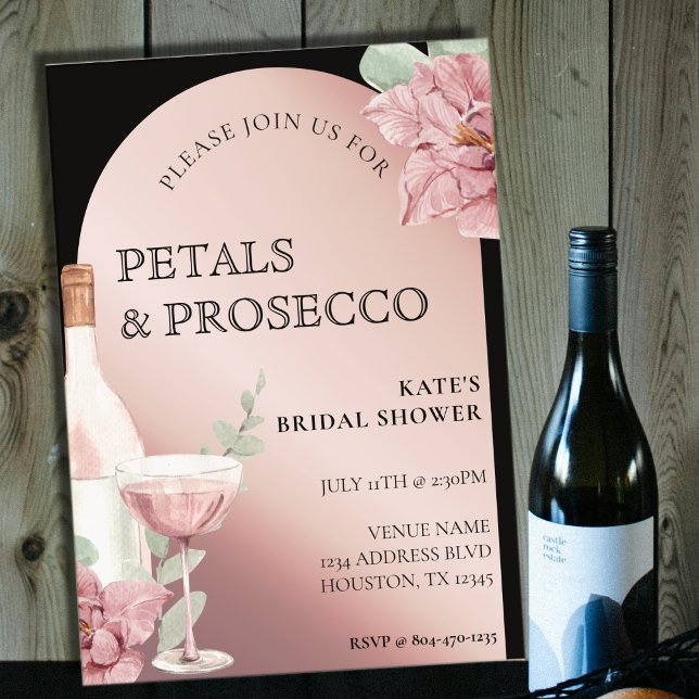 Convites Petals & Prosecco - Chá de panela Dourado e Rosa (Petals & Prosecco Black & Rose Gold Bridal Shower Invitation
)