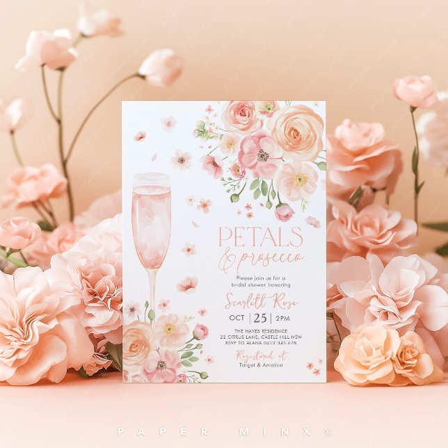 Convites Petals Prosecco Chá de panela Love In Bloom Peach (Petals & Prosecco Floral Bridal Shower Invitation)