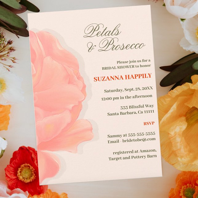 Convites Petals & Prosecco Floral Blush Chá de panela Rosa (Petal and Prosecco Floral Pink Bridal Shower Invitations.)