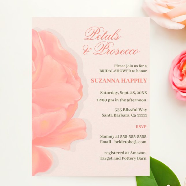 Convites Petals & Prosecco Floral Blush Chá de panela Rosa (Petals and Prosecco Blush Pin Bridal Shower Invitations.)