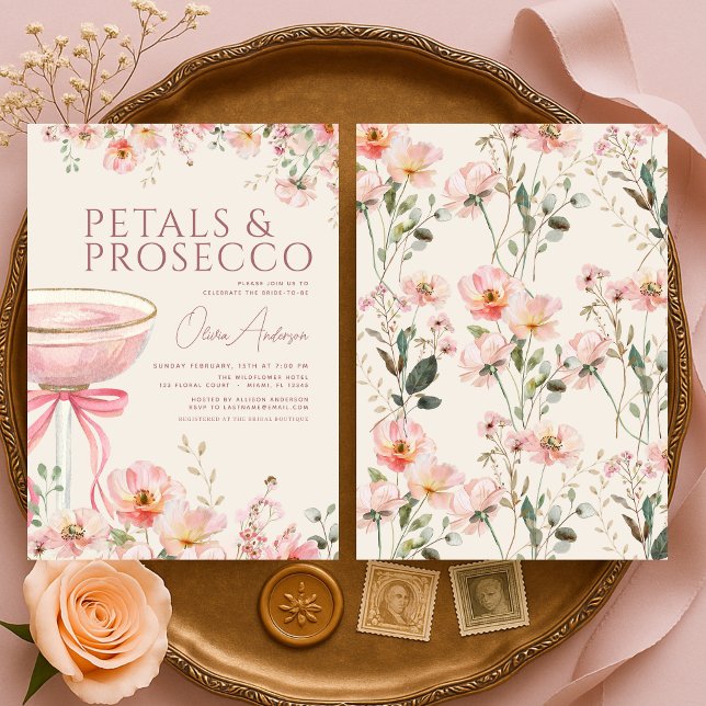 Convites Petals & Prosecco Pink Coquette Bow Bridal Shower  (Criador carregado)