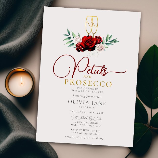 Convites Petals Prosecco Red White Roses Ecru Chá de panela (Criador carregado)