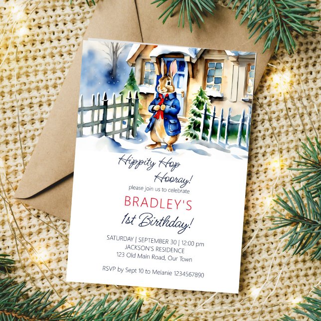 Convites Peter Coelho Inverno Temático festa de aniversário (Peter Rabbit winter birthday party editable template invitation digital download watercolor cute)