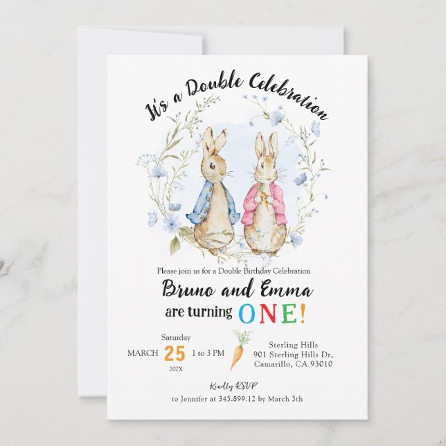 Convites Peter e Flopsy Rabbit Siblings Aniversário (Frente)