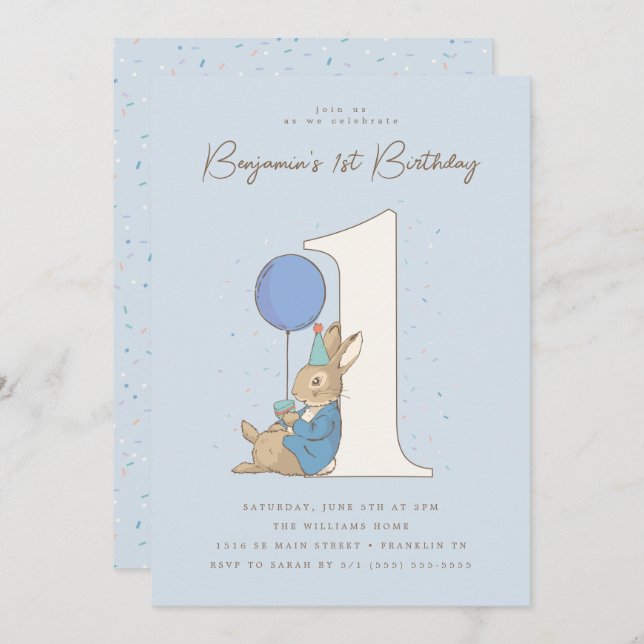 Convites Peter Rabbit | Confetti primeiro aniversario Azul (Frente/Verso)