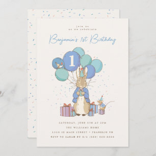 Convites Peter Rabbit primeiro aniversario Blue Confetti