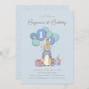Convites Peter Rabbit primeiro aniversario Blue Confetti