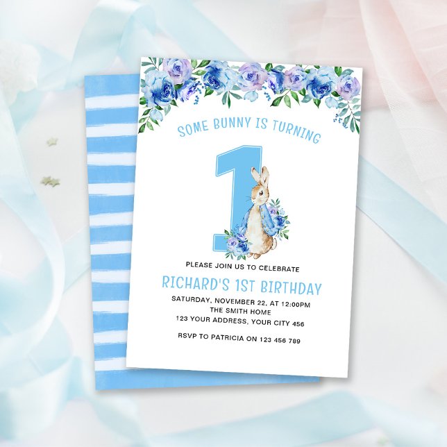 Convites Peter Rabbit primeiro aniversario Blue Floral (Criador carregado)