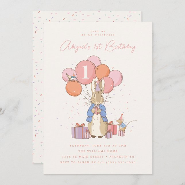 Convites Peter Rabbit| Primeiro aniversario rosaConfetti (Frente/Verso)