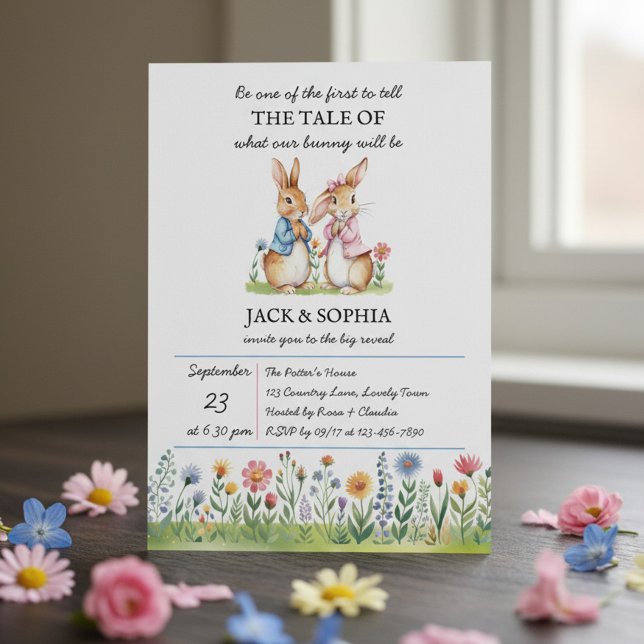 Convites Peter Rabbit Themed Gender Reveal (Peter Rabbit storybook themed gender reveal invitation)