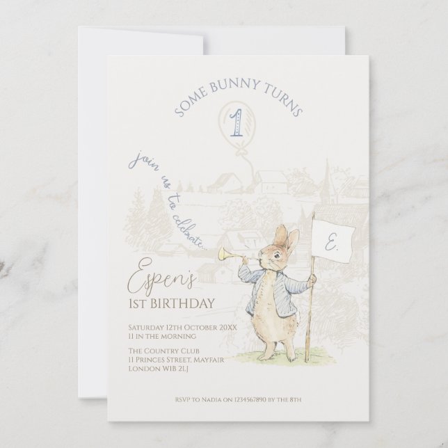 Convites Peter the Rabbit Beatrix Algum primeiro aniversari (Frente)