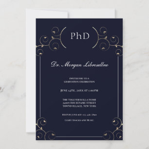 Convites PhD Dourado Graduação Azul Elegante