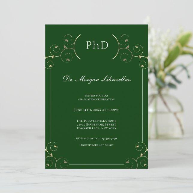 Convites PhD Dourado Graduação Verde Elegante (Em pé/Frente)