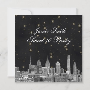 Convites Philadelphia Skyline Black Dourada Star Sweet 16