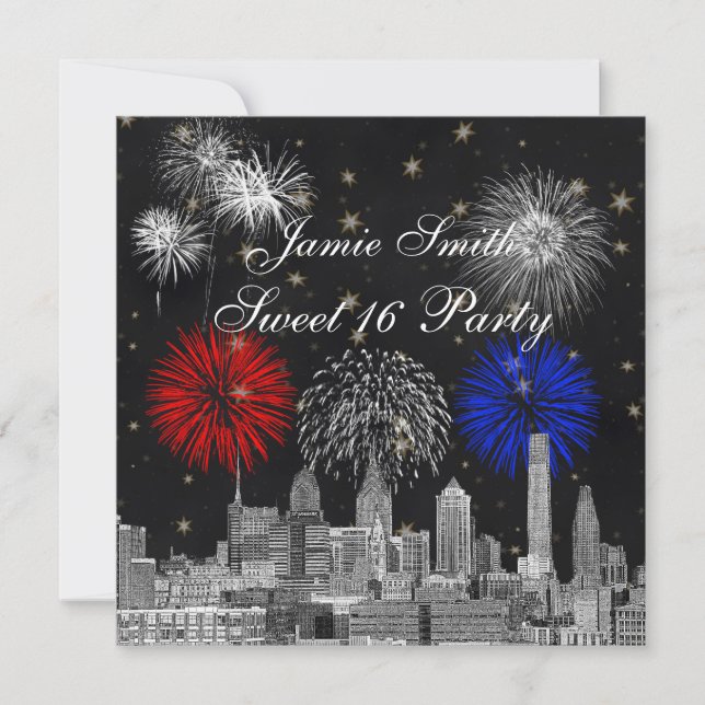 Convites Philadelphia Skyline Black Dourada Star Sweet 16 F (Frente)